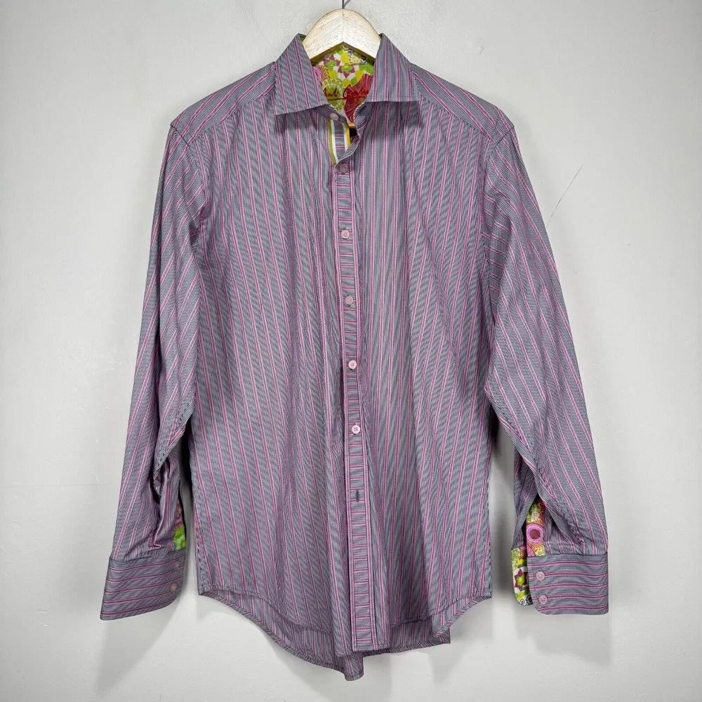 Robert Graham Flip Cuff Button Shirt Men Medium Gray Pink Striped Cotton Floral - Picture 1 of 11